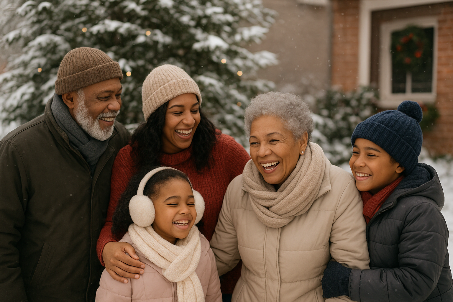 Family of five posing together outdoors in front of a snow-covered tree.